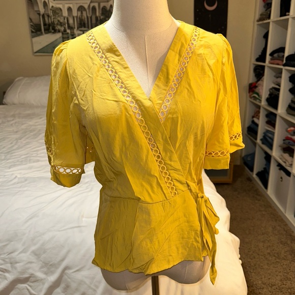 Milk & Honey | Faux Wrap V Neck Peplum Tie Waist Short Ruffle Sleeve Blouse - Picture 1 of 13